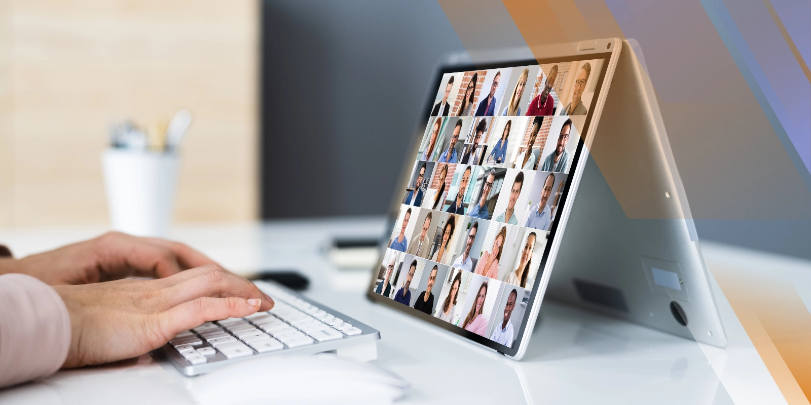 Person using a tablet device displaying a grid of fashion model photos while typing on a wireless keyboard